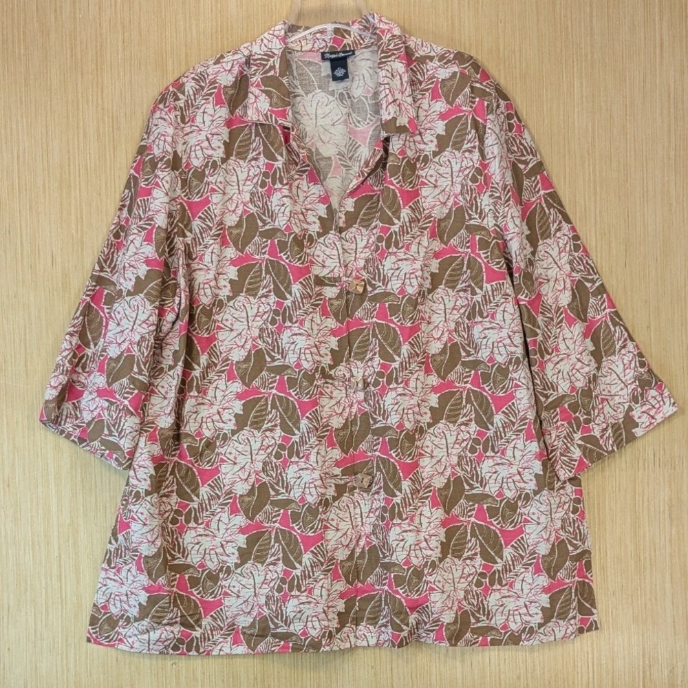 Maggie Barnes Womens 3X Tropical Resort Floral Linen Blend Pink Button Up Shirt